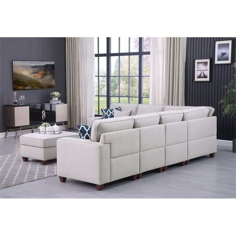 Devion Furniture 7-Piece Upholstered Fabric Sectional with Ottoman in Light Gray