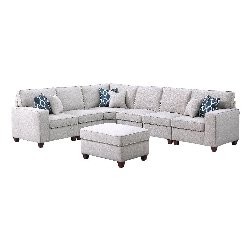 Devion Furniture 7-Piece Upholstered Fabric Sectional with Ottoman in Light Gray
