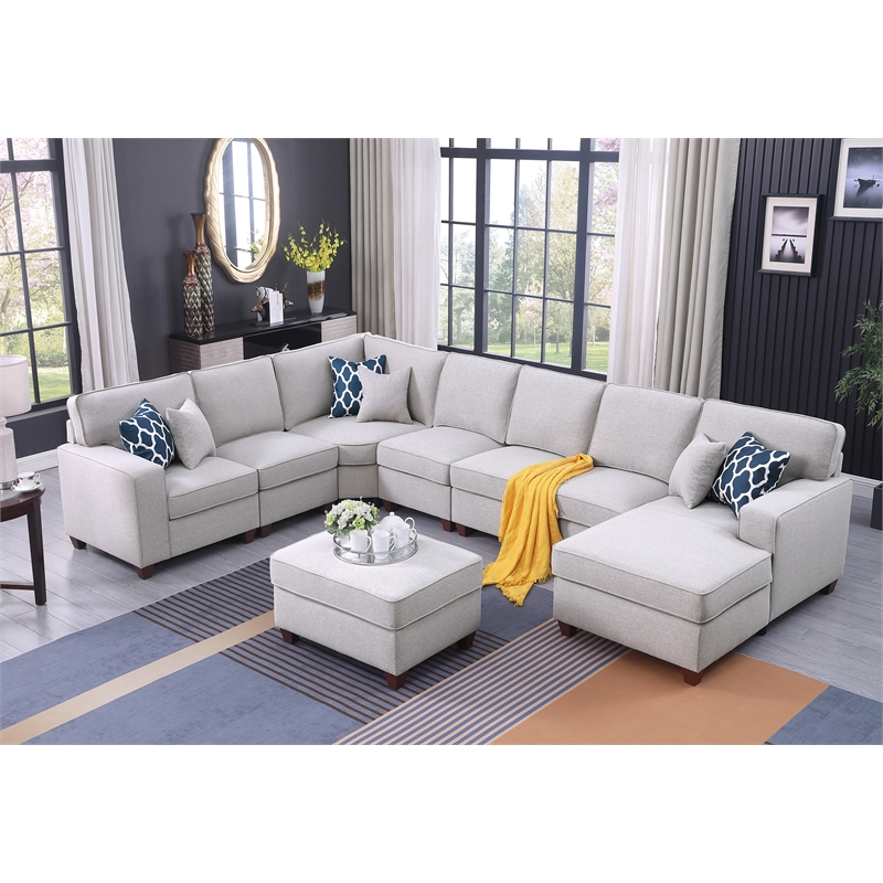 Devion Furniture 8-Piece Upholstered Fabric Sectional with Chaise in Light Gray