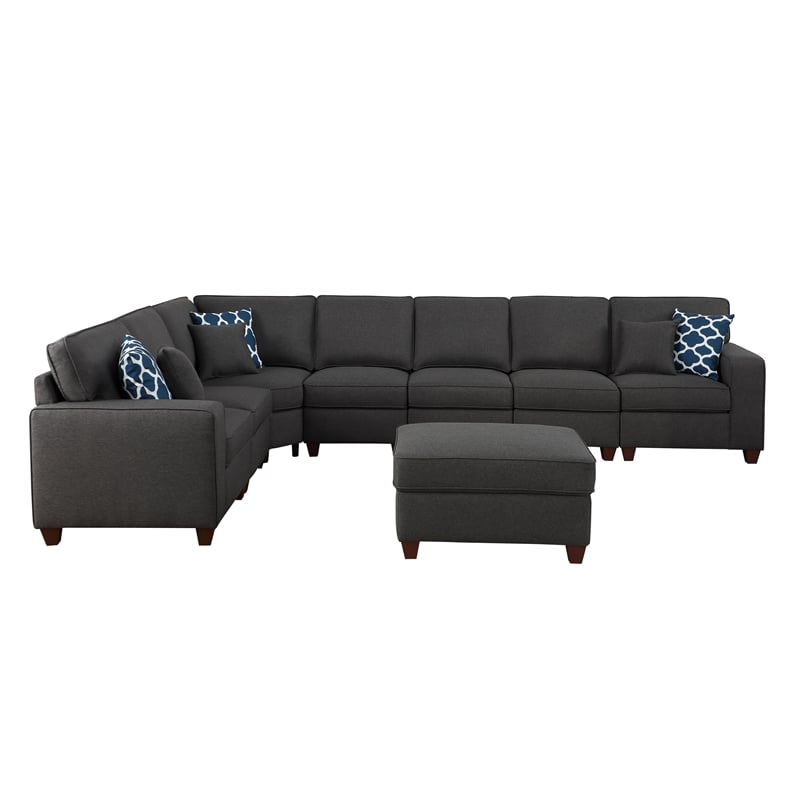 Devion Furniture 8-Piece Upholstered Fabric Sectional with Ottoman in Gray