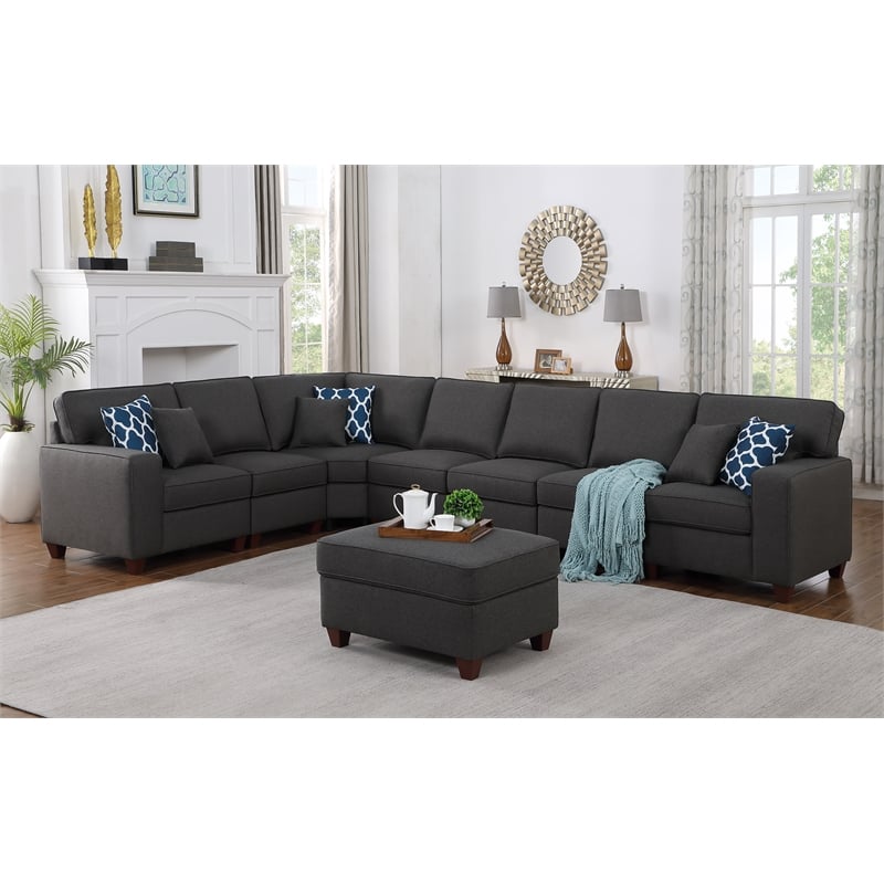 Devion Furniture 8-Piece Upholstered Fabric Sectional with Ottoman in Gray