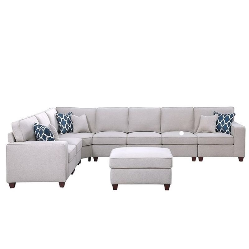Devion Furniture 8-Piece Upholstered Fabric Sectional with Ottoman in Light Gray