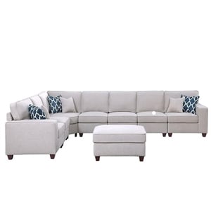 Devion Furniture 8-Piece Upholstered Fabric Sectional with Ottoman in Light Gray