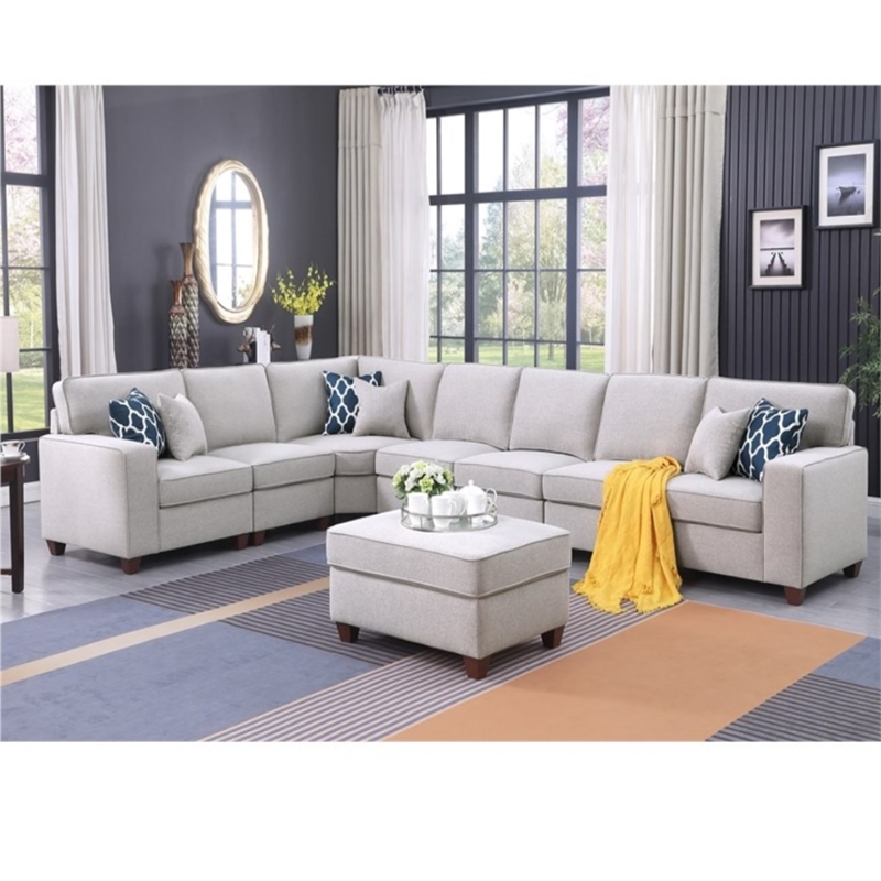 Devion Furniture 8-Piece Upholstered Fabric Sectional with Ottoman in Light Gray