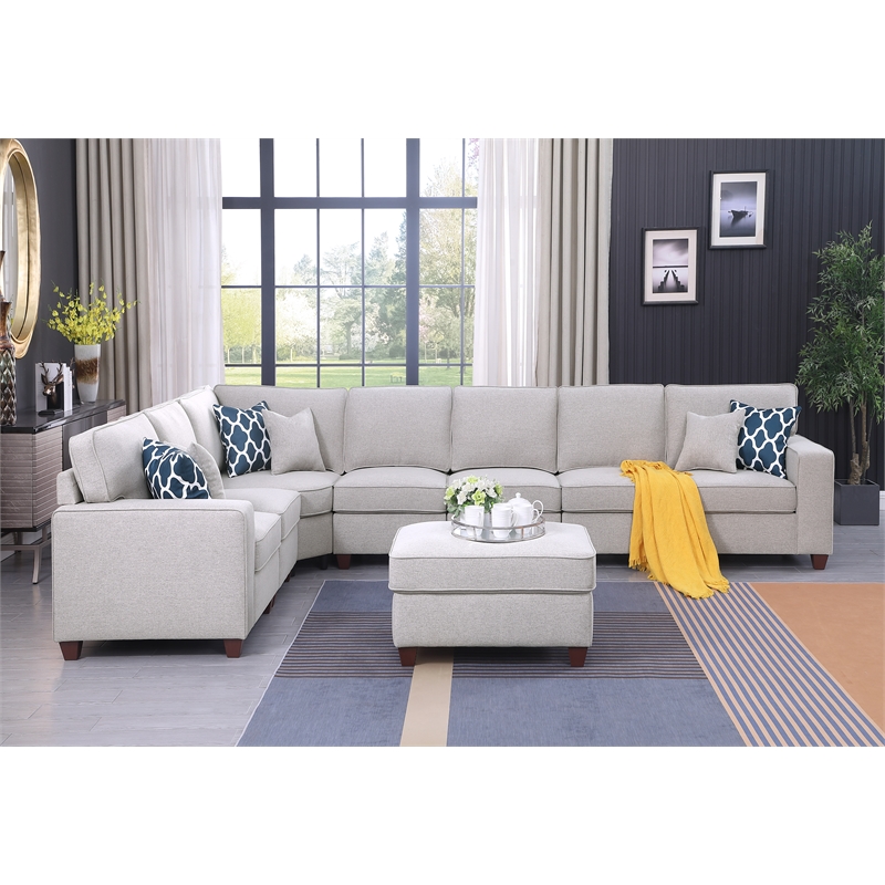 Devion Furniture 8-Piece Upholstered Fabric Sectional with Ottoman in Light Gray