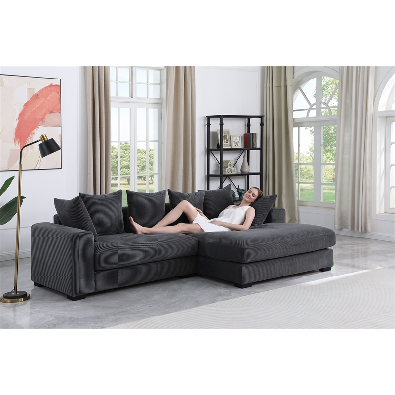 3 - Piece Upholstered Corduroy Sectional Sofa With Chaise- Dark Gray