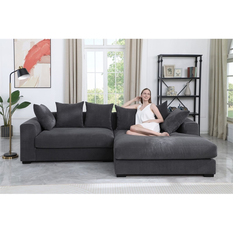 3 - Piece Upholstered Corduroy Sectional Sofa With Chaise- Dark Gray