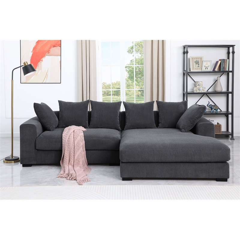 3 - Piece Upholstered Corduroy Sectional Sofa With Chaise- Dark Gray