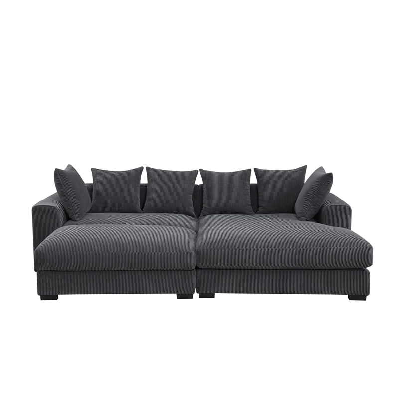 4-Piece Upholstered Corduroy Sectional Sofa With Chaise & Ottoman-Dark Gray