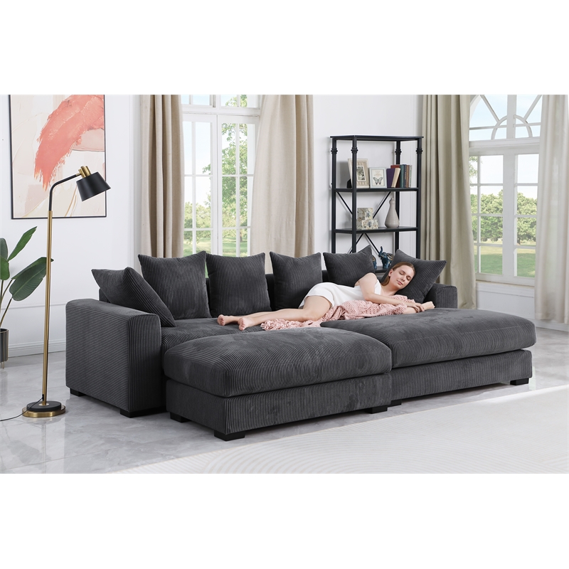 4-Piece Upholstered Corduroy Sectional Sofa With Chaise & Ottoman-Dark Gray