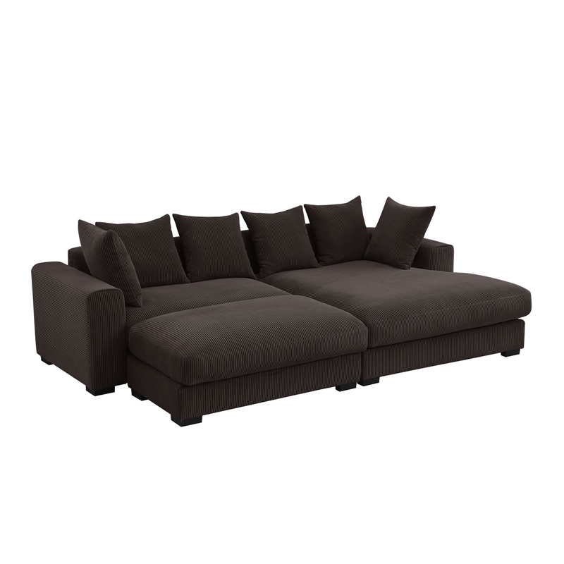 4-Piece Upholstered Corduroy Sectional Sofa With Chaise & Ottoman-Brown