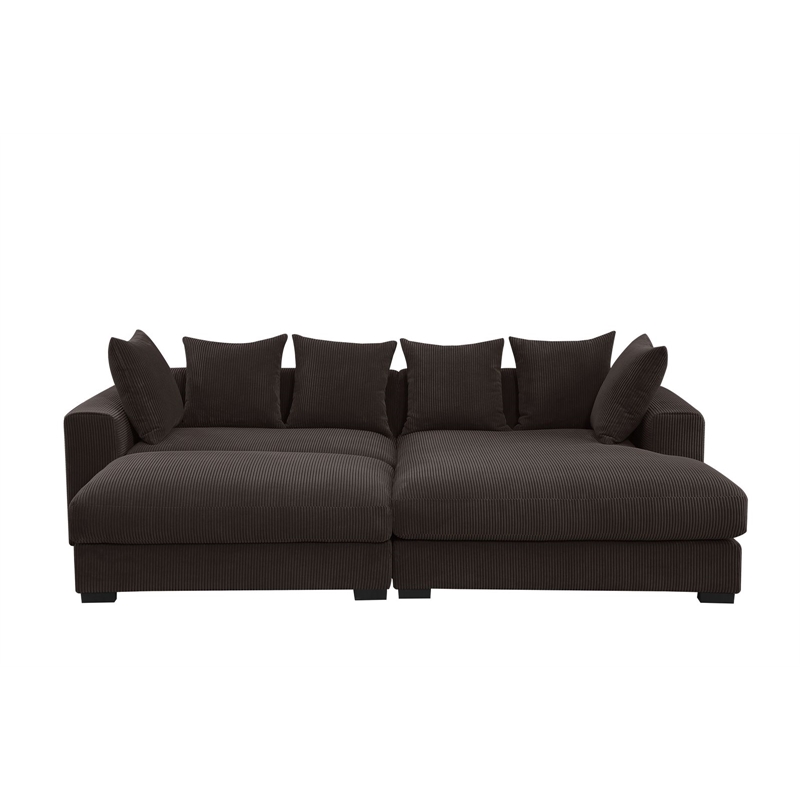 4-Piece Upholstered Corduroy Sectional Sofa With Chaise & Ottoman-Brown