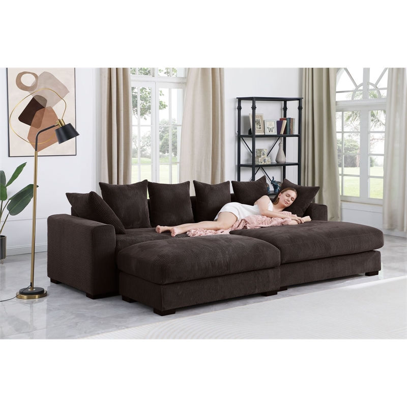 4-Piece Upholstered Corduroy Sectional Sofa With Chaise & Ottoman-Brown