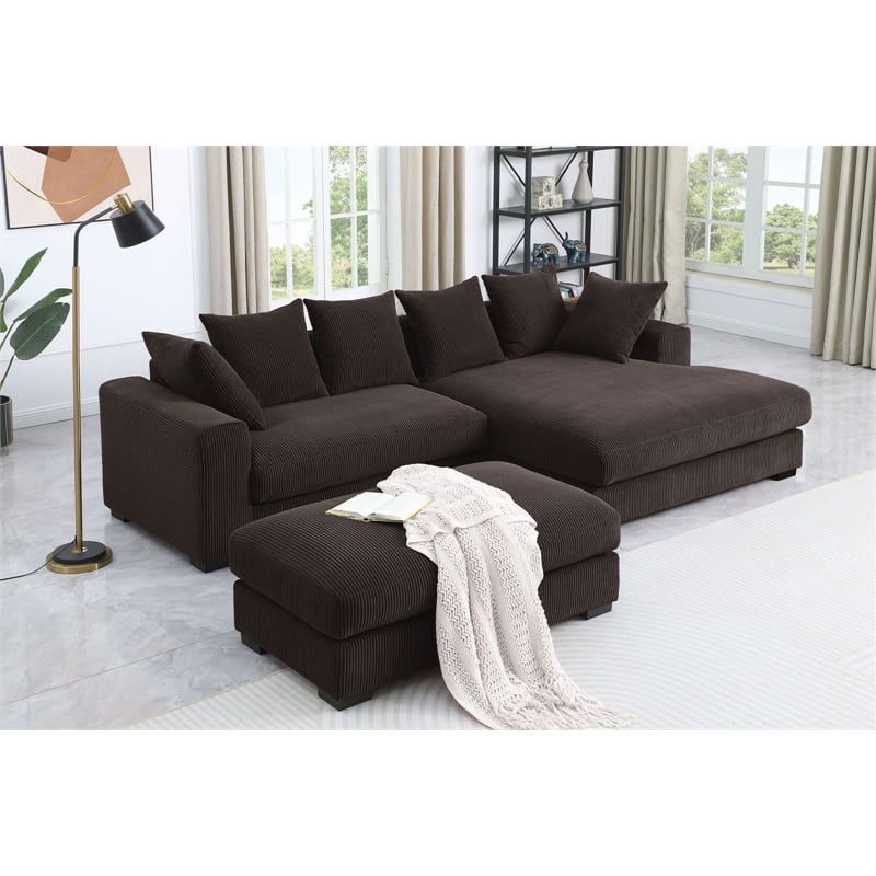 4-Piece Upholstered Corduroy Sectional Sofa With Chaise & Ottoman-Brown