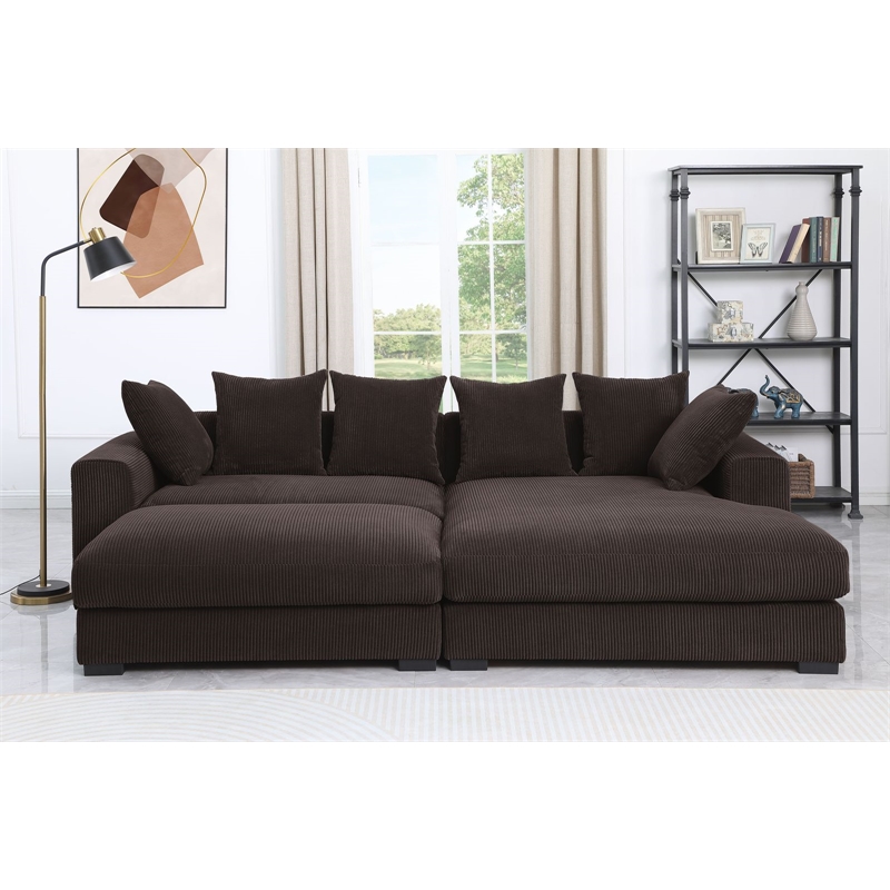 4-Piece Upholstered Corduroy Sectional Sofa With Chaise & Ottoman-Brown
