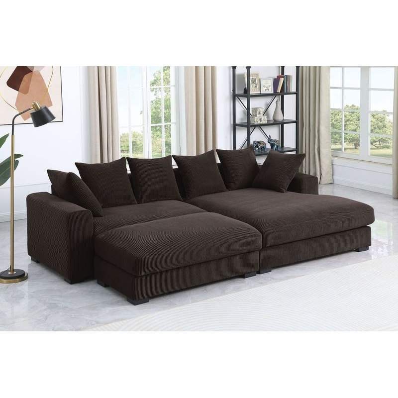 4-Piece Upholstered Corduroy Sectional Sofa With Chaise & Ottoman-Brown