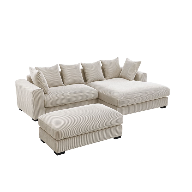 4-Piece Upholstered Corduroy Sectional Sofa With Chaise & Ottoman-Beige