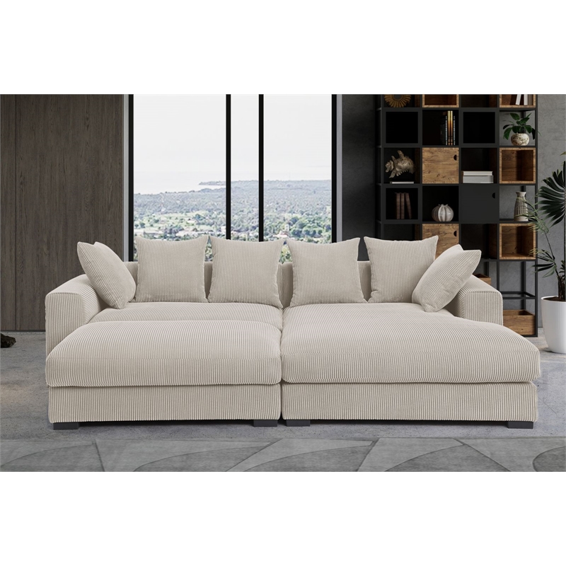 4-Piece Upholstered Corduroy Sectional Sofa With Chaise & Ottoman-Beige
