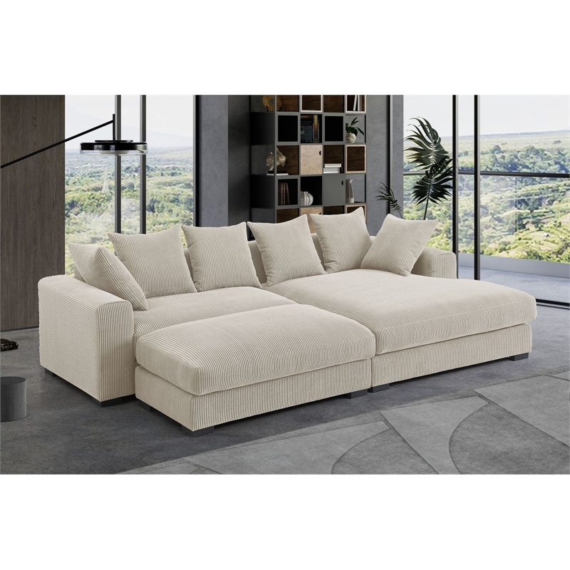 4-Piece Upholstered Corduroy Sectional Sofa With Chaise & Ottoman-Beige
