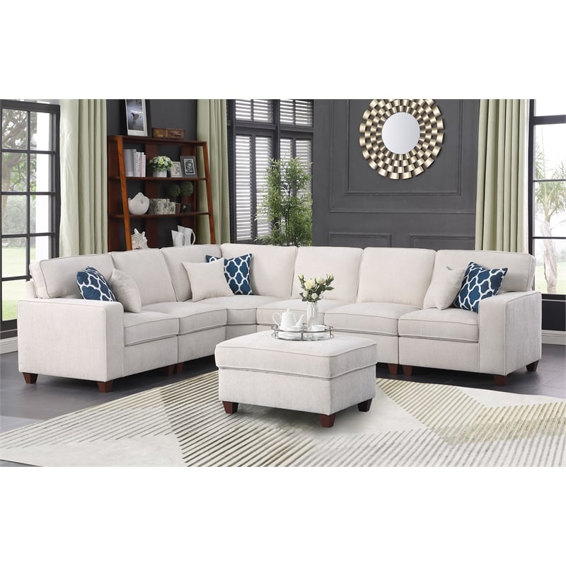 Devion Furniture 7-Piece Upholstered Modern Chenille Sectional in Beige