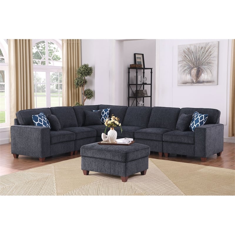 Devion Furniture 7-Piece Upholstered Modern Chenille Sectional in Black