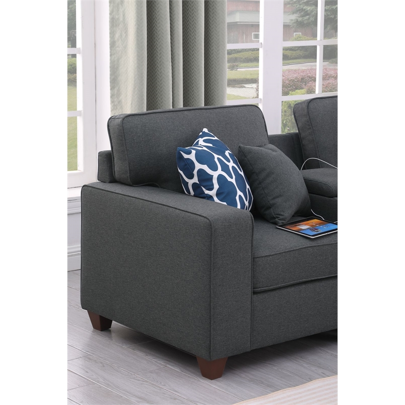 8-Piece Linen Fabric Upholstered Sectional With Console & Chaise-Dark Gray