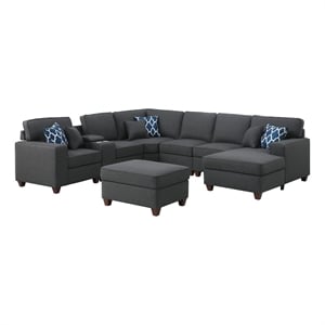8-Piece Linen Fabric Upholstered Sectional With Console & Chaise-Dark Gray