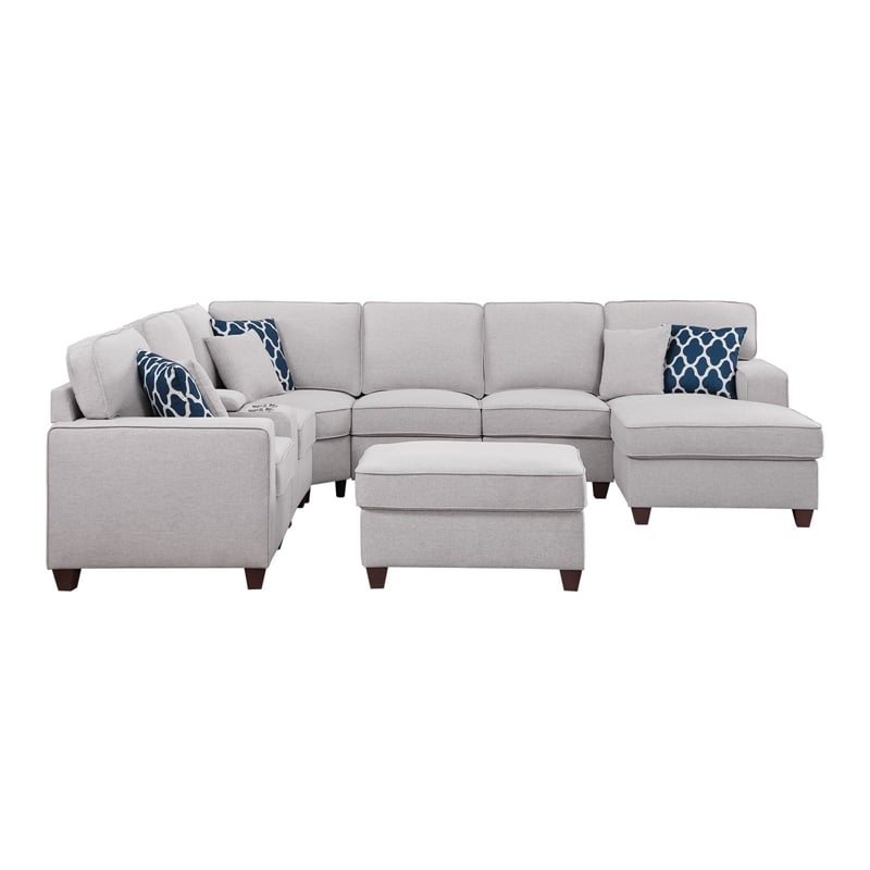 8-Piece Linen Fabric Upholstered Sectional With Console & Chaise-Light Gray