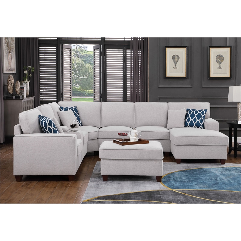 8-Piece Linen Fabric Upholstered Sectional With Console & Chaise-Light Gray