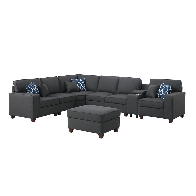 8-Piece Linen Fabric Upholstered Sectional With Console & Ottoman-Dark Gray