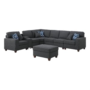 8-Piece Linen Fabric Upholstered Sectional With Console & Ottoman-Dark Gray
