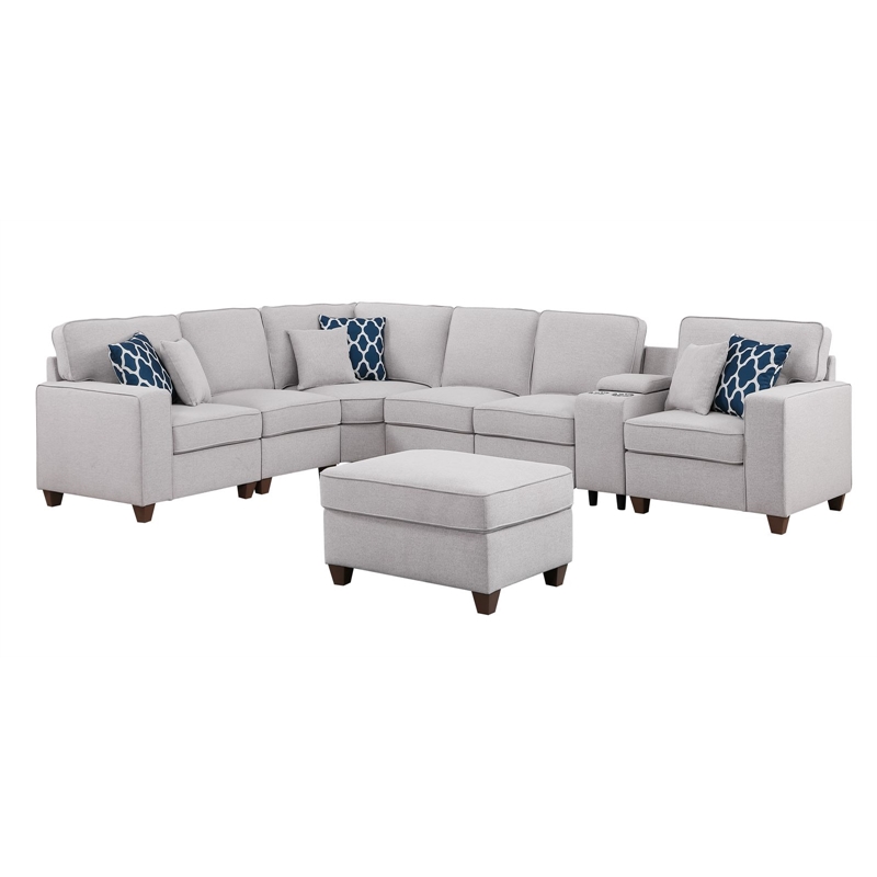 8-Piece Linen Fabric Upholstered Sectional With Console & Ottoman-Light Gray