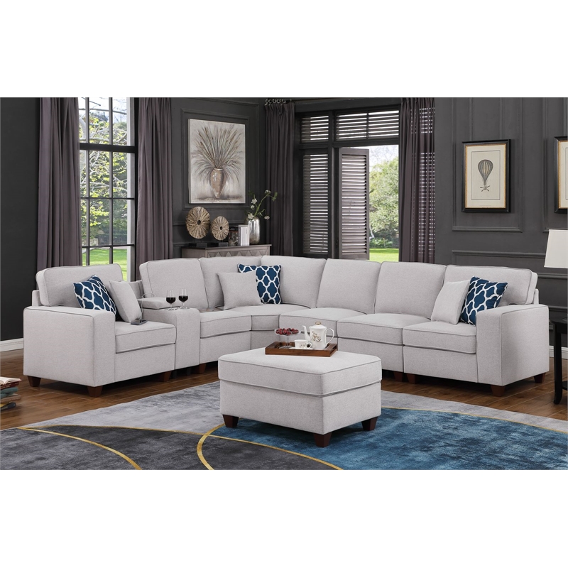 8-Piece Linen Fabric Upholstered Sectional With Console & Ottoman-Light Gray