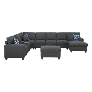 9-Piece Linen Fabric Upholstered Sectional With Chaise & Console-Dark Gray