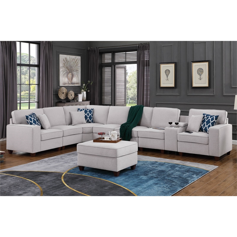 9-Piece Linen Fabric Upholstered Sectional With Console & Ottoman-Light Gray