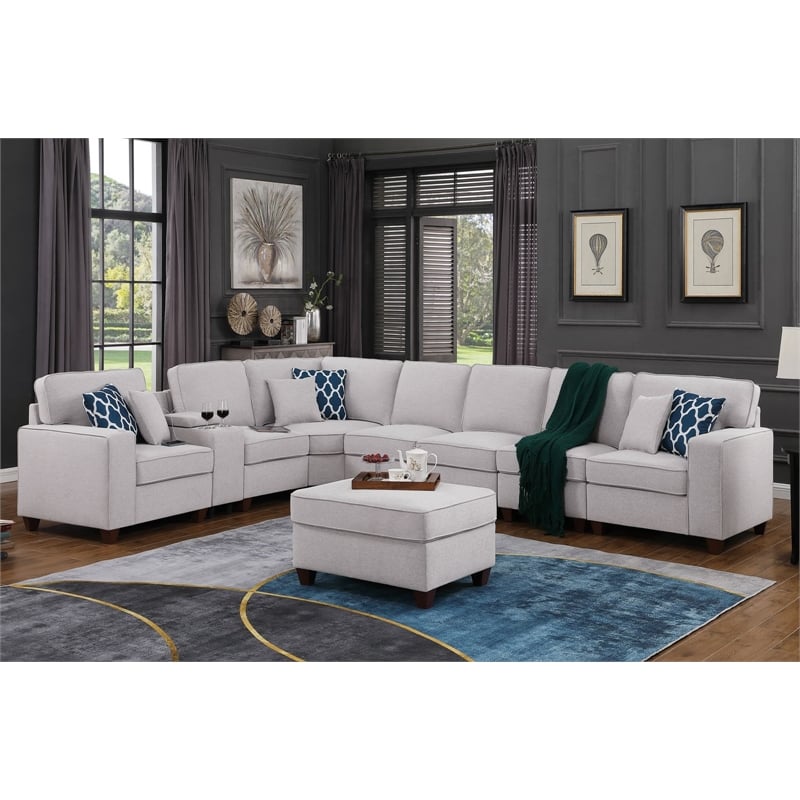9-Piece Linen Fabric Upholstered Sectional With Console & Ottoman-Light Gray