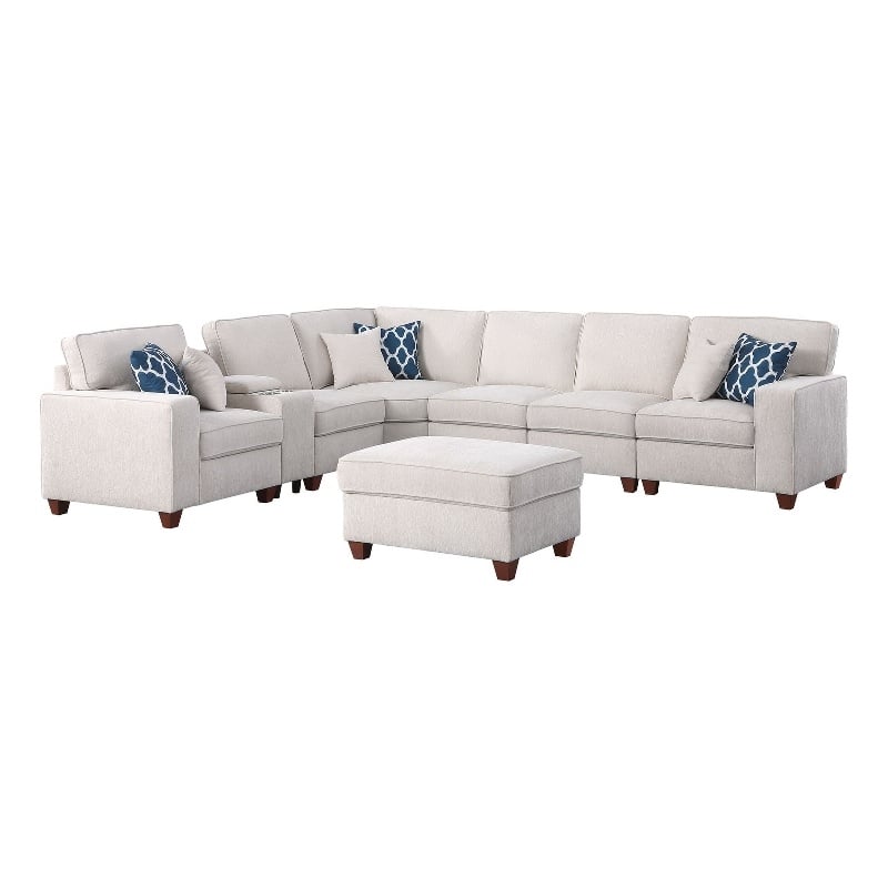 8 - Piece Chenille Fabric Upholstered Sectional With Console & Ottoman-Beige