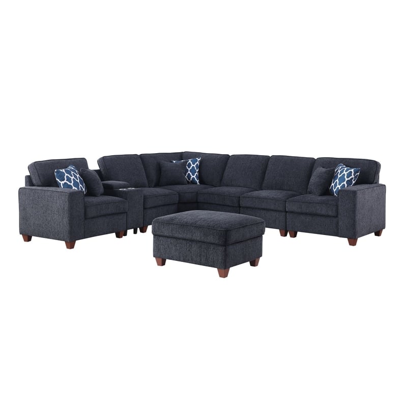 8 - Piece Chenille Fabric Upholstered Sectional With Console & Ottoman-Black