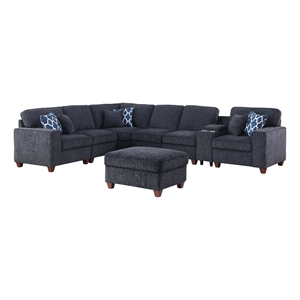 8 - Piece Chenille Fabric Upholstered Sectional With Console & Ottoman-Black