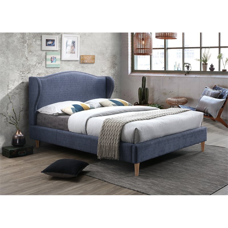 Omax Decor Darcy Wood and Fabric Upholstered Queen Platform Bed in Blue