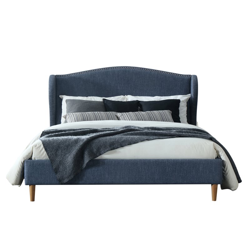 Omax Decor Darcy Wood and Fabric Upholstered Queen Platform Bed in Blue