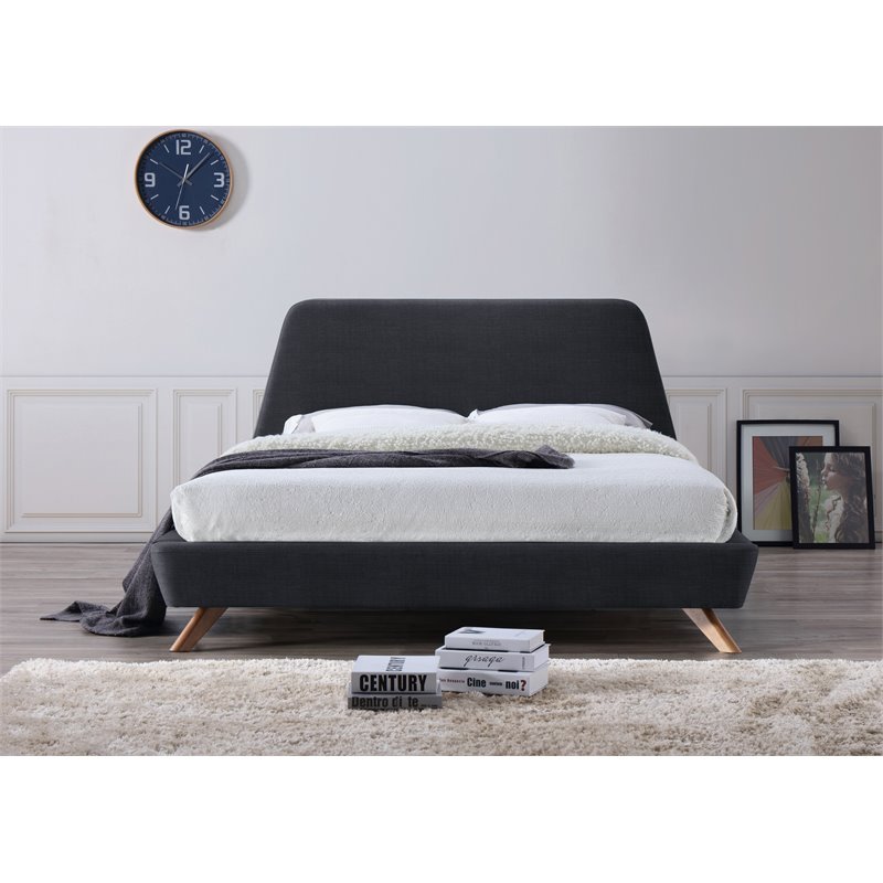 Omax Decor Henry Wood and Fabric Upholstered Queen Platform Bed in Dark Gray