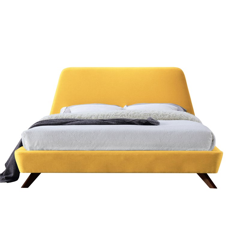 Omax Decor Henry Wood and Fabric Upholstered Queen Platform Bed in Yellow