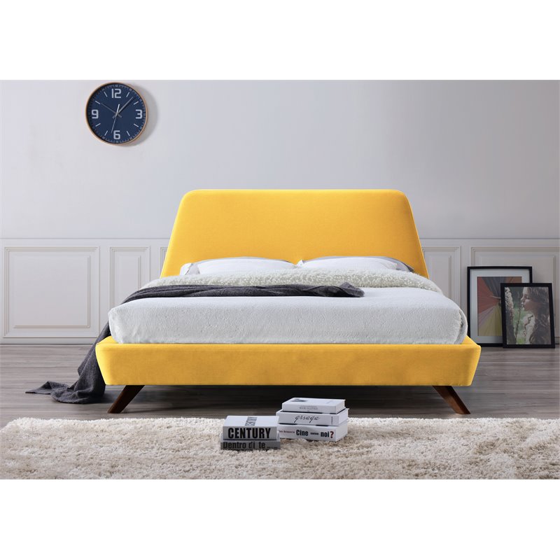 Omax Decor Henry Wood and Fabric Upholstered Queen Platform Bed in Yellow