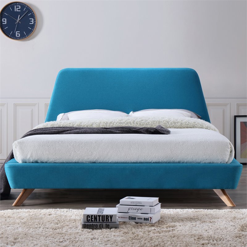 Omax Decor Henry Wood and Fabric Upholstered Queen Platform Bed in Blue