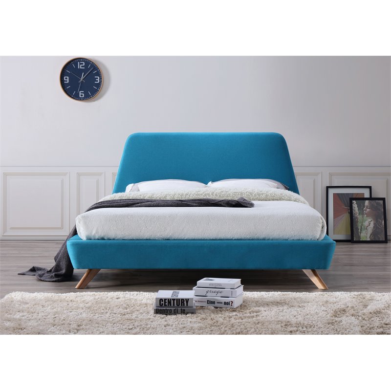 Omax Decor Henry Wood and Fabric Upholstered Queen Platform Bed in Blue