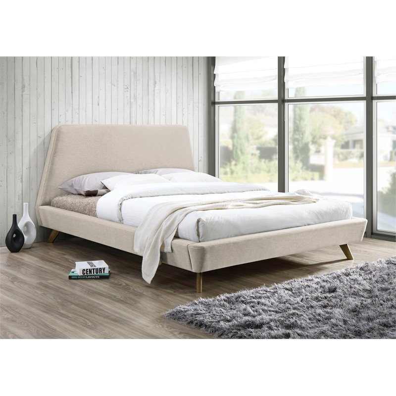 Omax Decor Henry Wood and Fabric Upholstered Queen Platform Bed in Beige