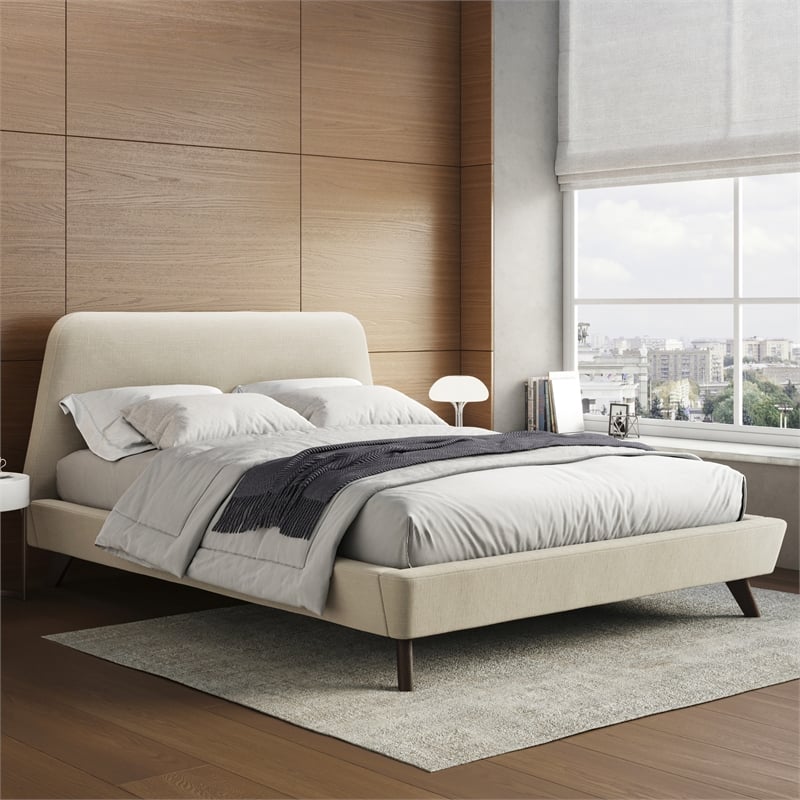Omax Decor Henry Wood and Fabric Upholstered Queen Platform Bed in Beige