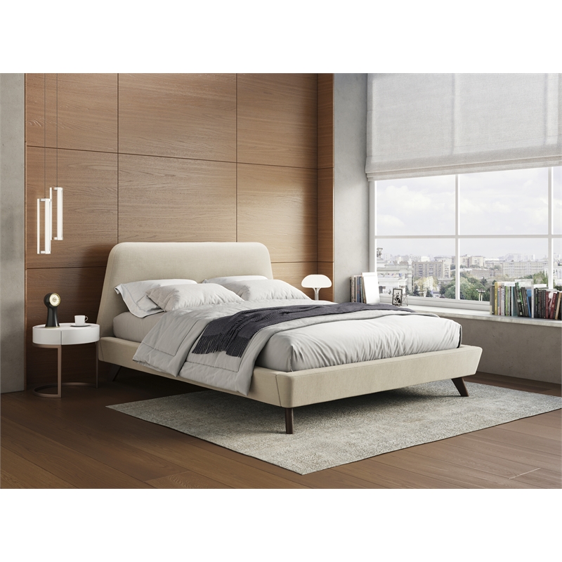 Omax Decor Henry Wood and Fabric Upholstered Queen Platform Bed in Beige