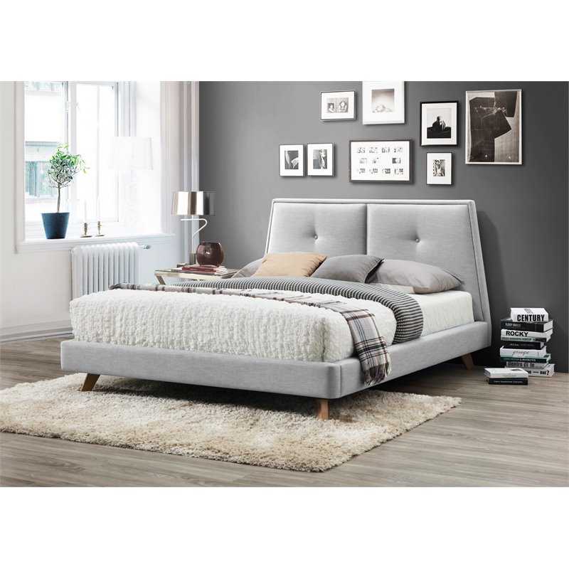 Omax Decor Kenzie Wood and Fabric Upholstered Queen Platform Bed in Light Gray